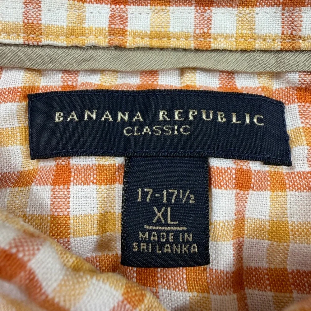 Banana Republic Classic Men's XL Orange White‎ Check 100% Linen Shirt